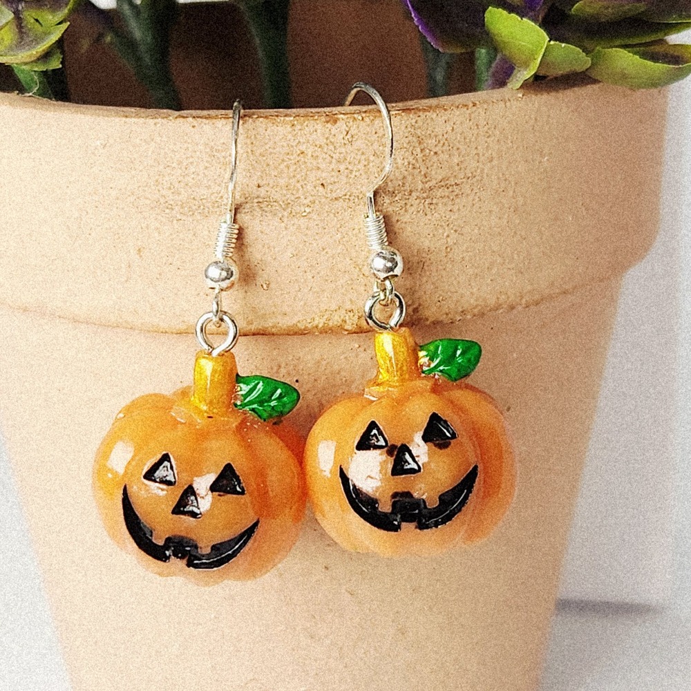Halloween‎ Jack O Lantern Pumpkin Dangle Earrings Orange Festive Holiday 1.5"